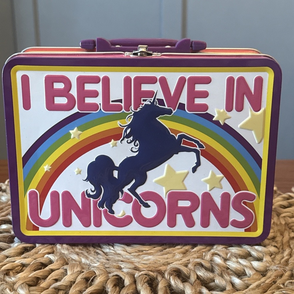 I Believe in Unicorns Lunch Box - Metal Embossed Rainbows Tin Discontinued Model